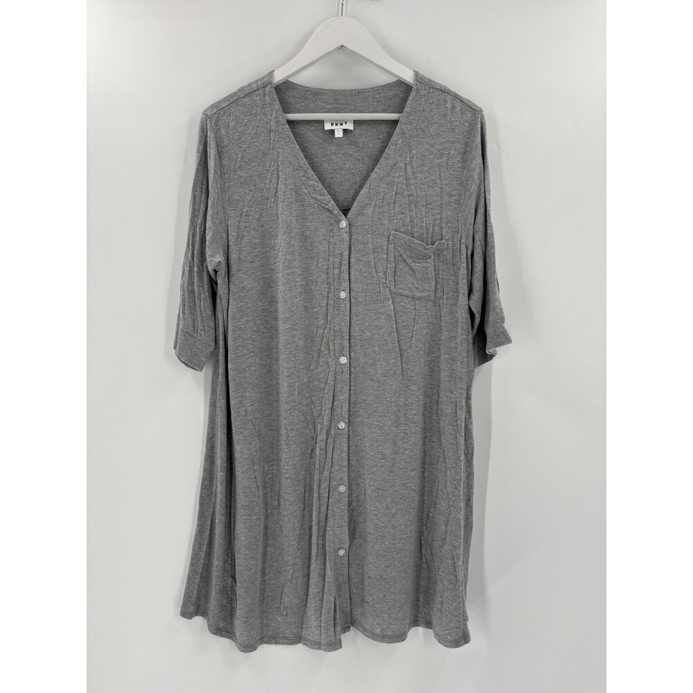DKNY Sleep Shirt Womens 1X Gray Nightgown Button Front Stretchy Short Sleeves